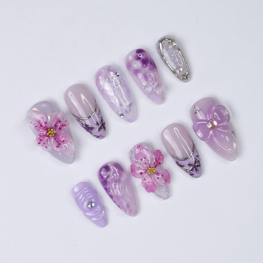 Press On Nails Purple Flower with Butterfly | 3D Pastel Fake Nails in Medium Almond | Handmade Spring Nail Art for Holiday, Vacation, Gift