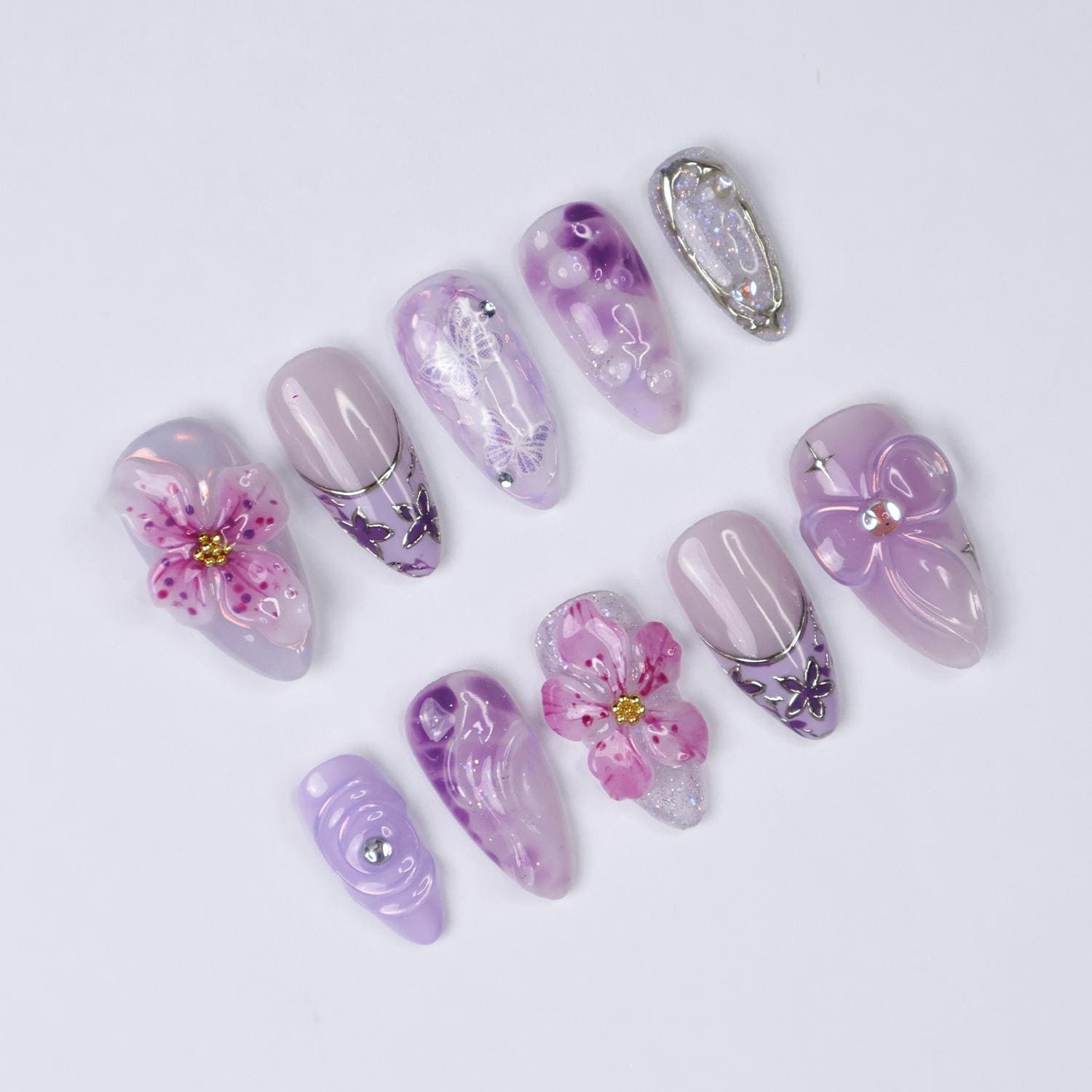 Press On Nails Purple Flower with Butterfly | 3D Pastel Fake Nails in Medium Almond | Handmade Spring Nail Art for Holiday, Vacation, Gift