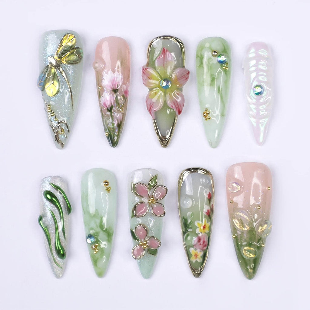 Press On Nails Dragonfly with Pink Flower | 3D Nature Fake Nails in Long Almond | Handmade Spring Nail Art for Holiday, Vacation, Birthday