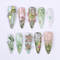 Press On Nails Dragonfly with Pink Flower | 3D Nature Fake Nails in Long Almond | Handmade Spring Nail Art for Holiday, Vacation, Birthday