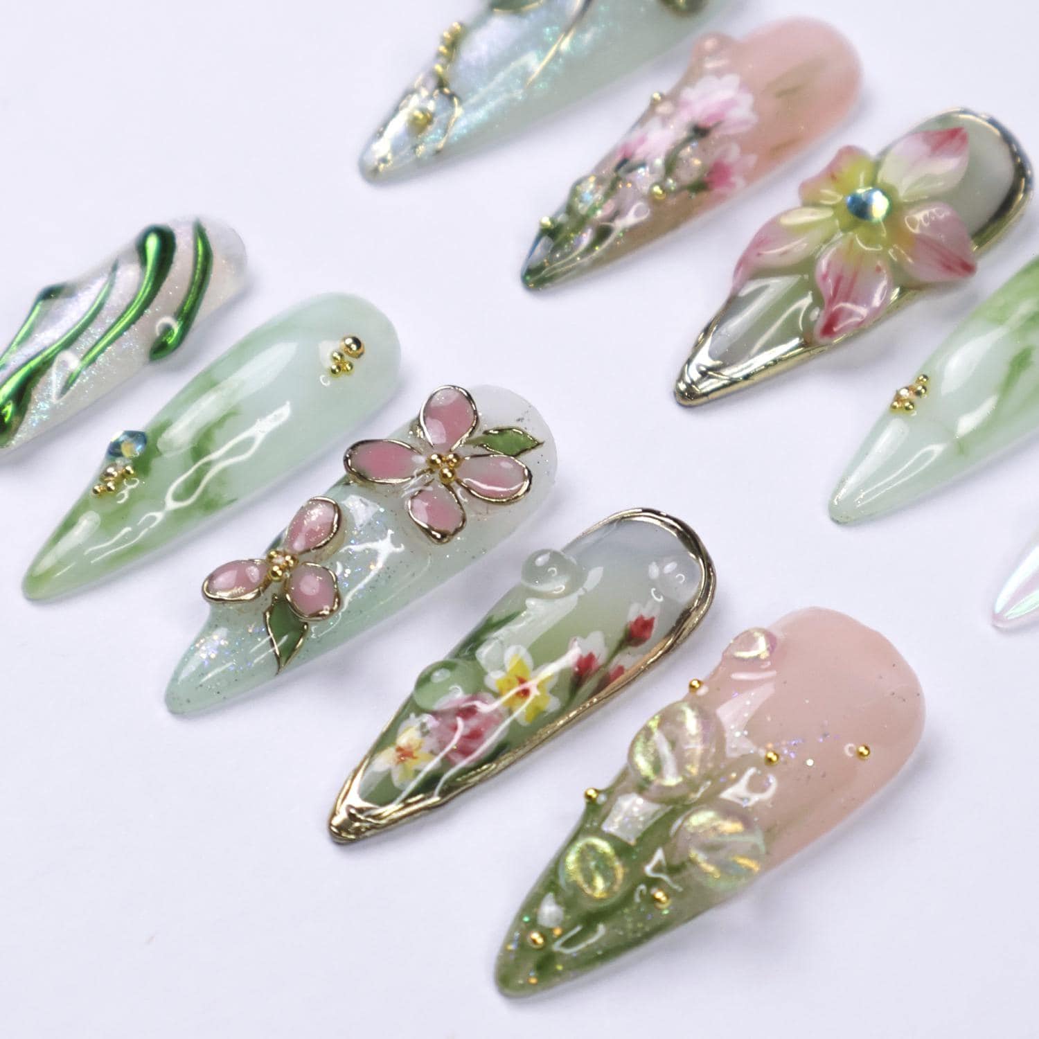 Press On Nails Dragonfly with Pink Flower | 3D Nature Fake Nails in Long Almond | Handmade Spring Nail Art for Holiday, Vacation, Birthday