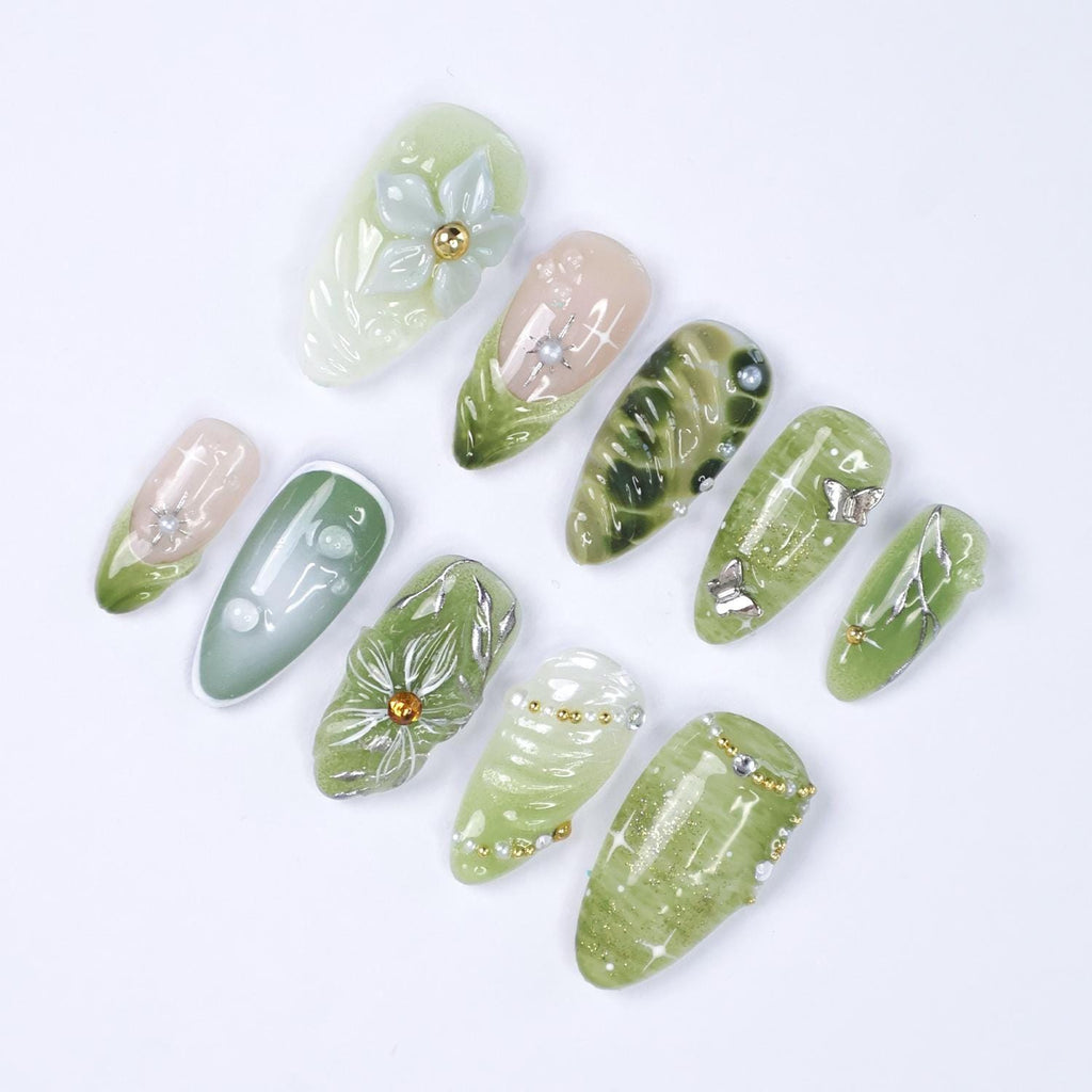 Green Botanical Bloom Press On Nails with 3D Floral Accents, Silver Butterflies, Suitable for Spring Event, Garden Party, Gift for Her