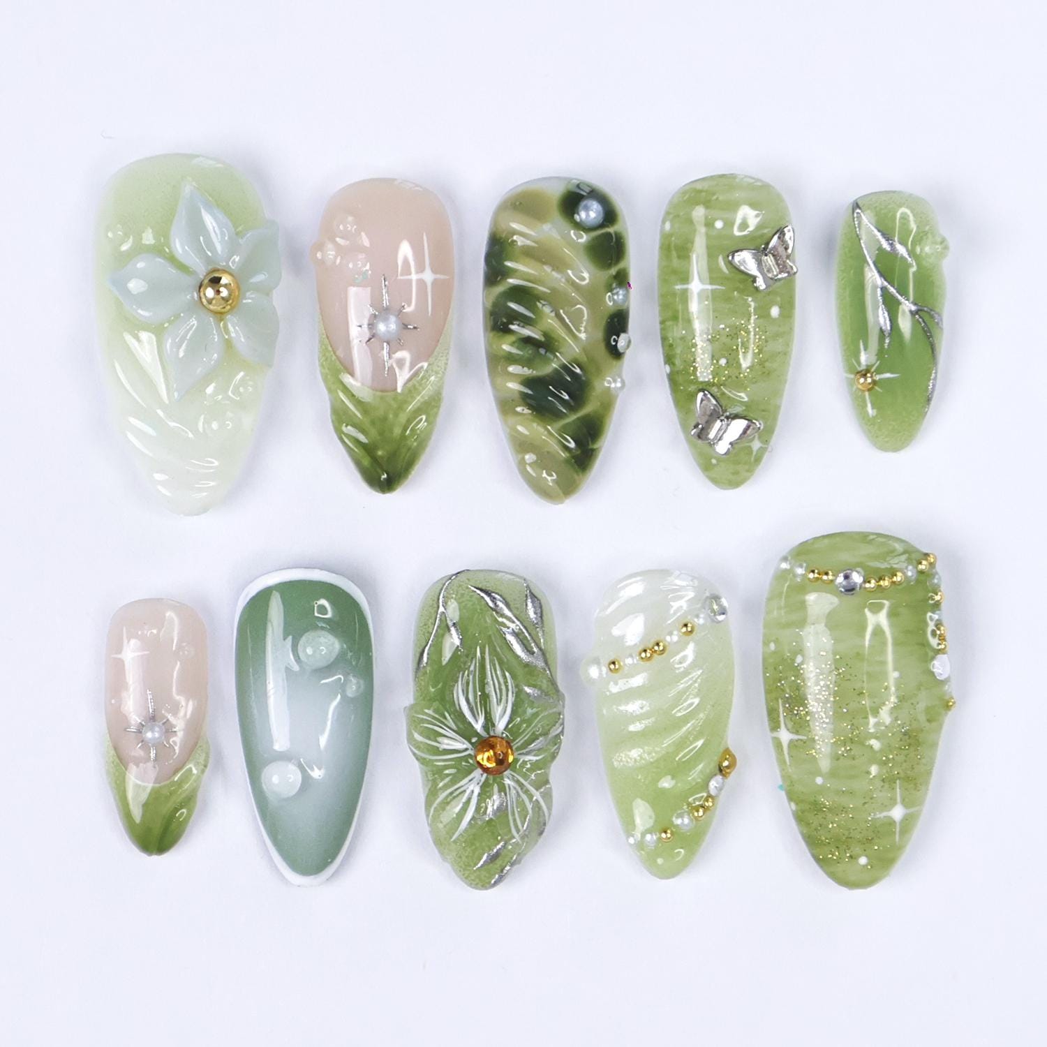 Green Botanical Bloom Press On Nails with 3D Floral Accents, Silver Butterflies, Suitable for Spring Event, Garden Party, Gift for Her
