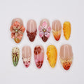 Press On Nail Blooming Sunset with Floral & Swirl Art | 3D Fake Nail in Medium Almond | Handmade Fall Nail Art for Holiday, Vacation, Gift