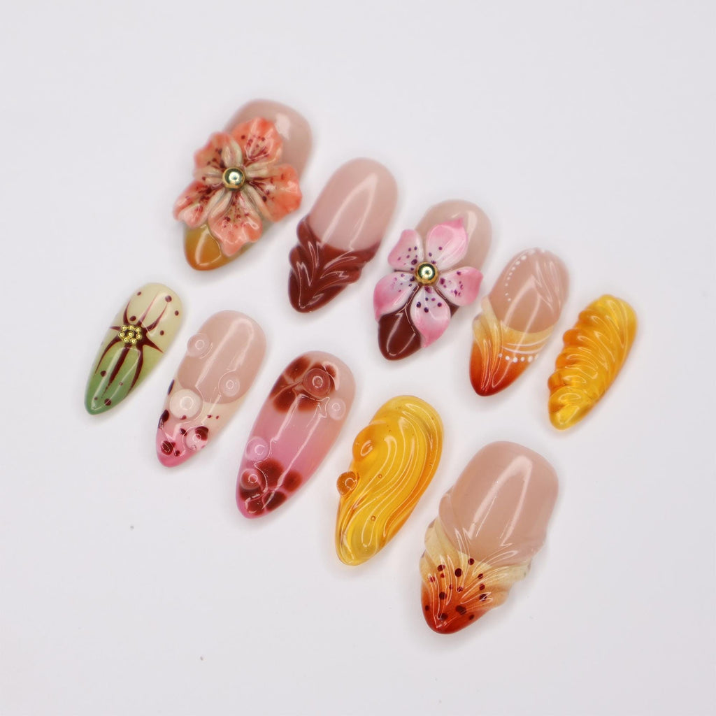 Press On Nail Blooming Sunset with Floral & Swirl Art | 3D Fake Nail in Medium Almond | Handmade Fall Nail Art for Holiday, Vacation, Gift