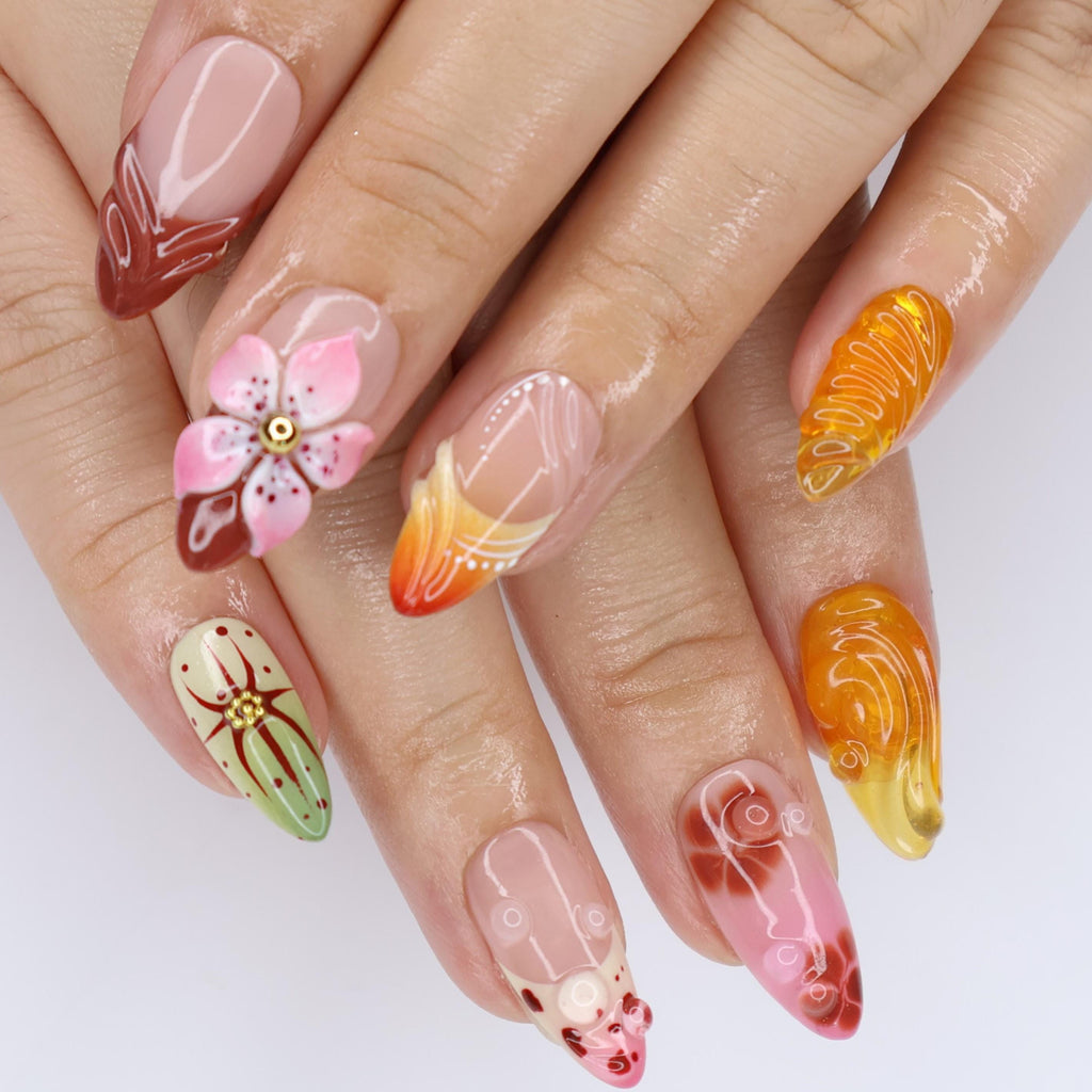 Press On Nail Blooming Sunset with Floral & Swirl Art | 3D Fake Nail in Medium Almond | Handmade Fall Nail Art for Holiday, Vacation, Gift