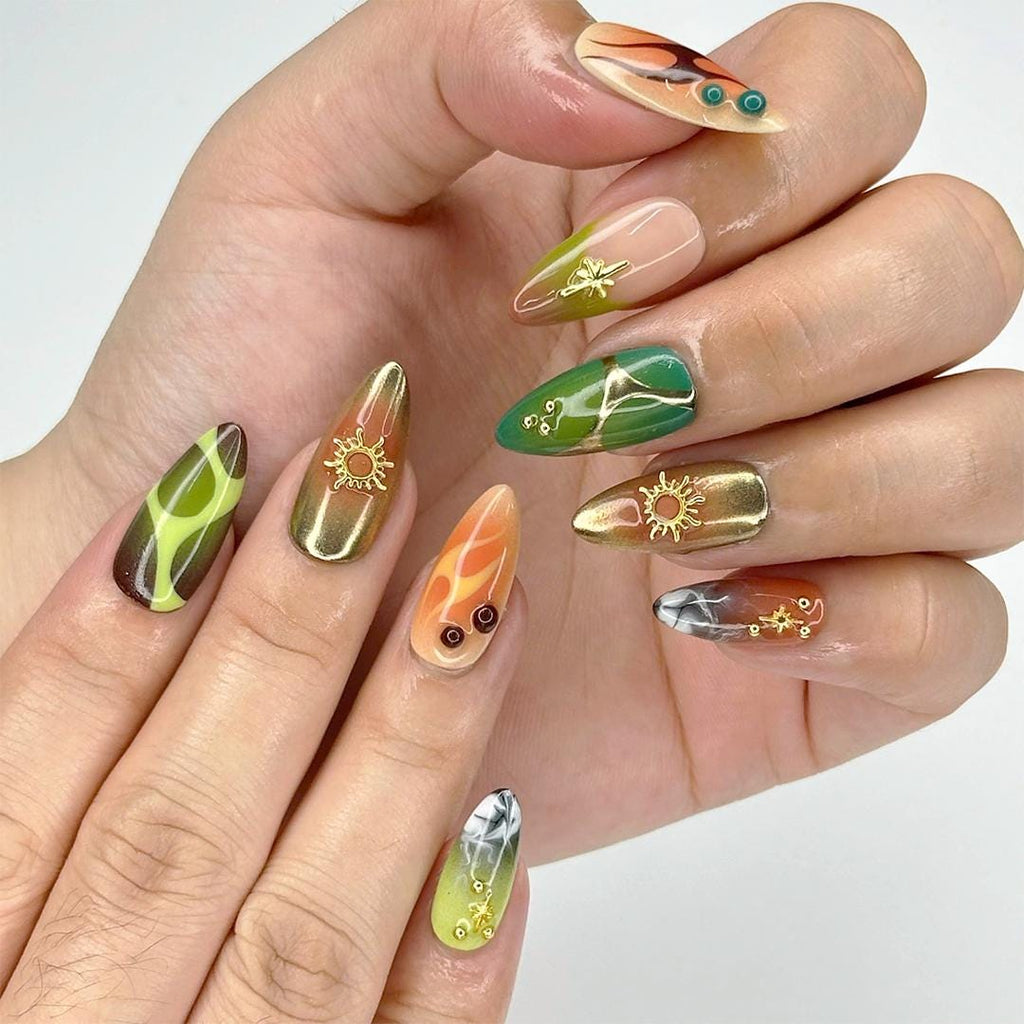 Press On Nails Cosmic Swirl with Star & Gold Sun | 3D Fake Nails in Medium Almond | Handmade Autumn Nail Art for Holiday, Vacation, Birthday