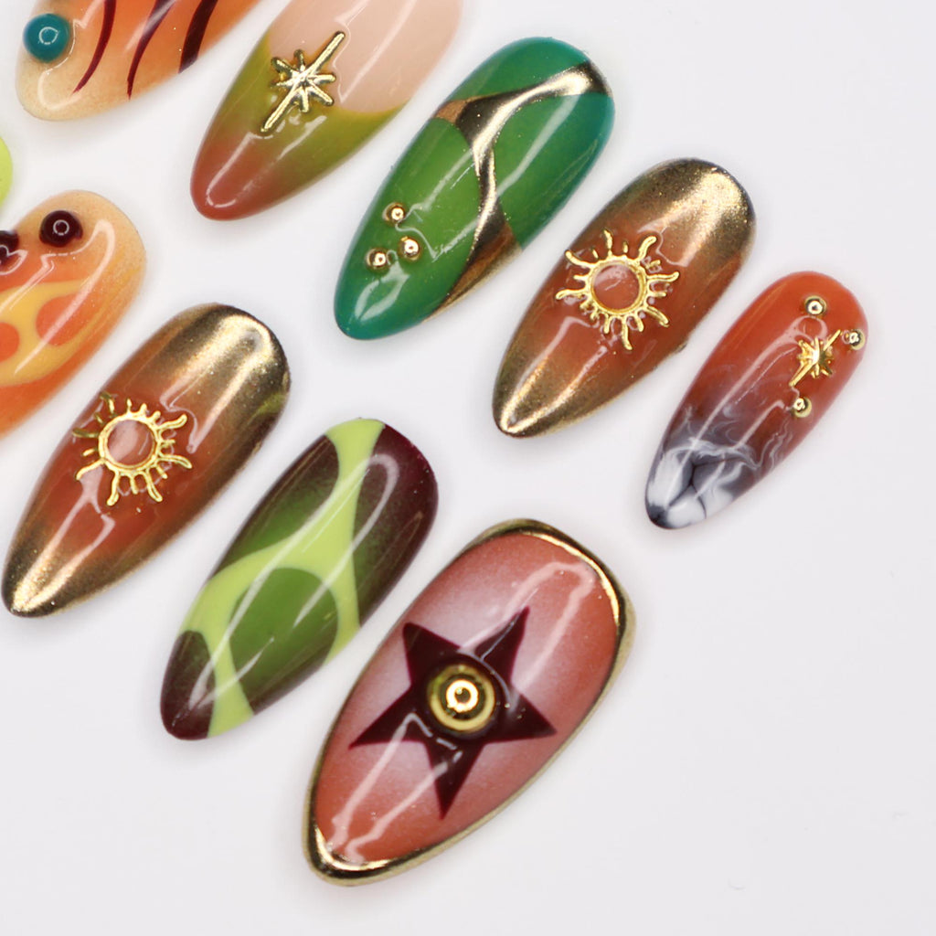 Press On Nails Cosmic Swirl with Star & Gold Sun | 3D Fake Nails in Medium Almond | Handmade Autumn Nail Art for Holiday, Vacation, Birthday
