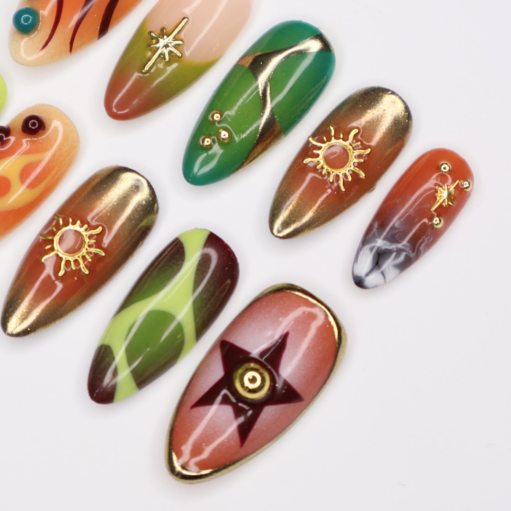 Press On Nails Cosmic Swirl with Star & Gold Sun | 3D Fake Nails in Medium Almond | Handmade Autumn Nail Art for Holiday, Vacation, Birthday