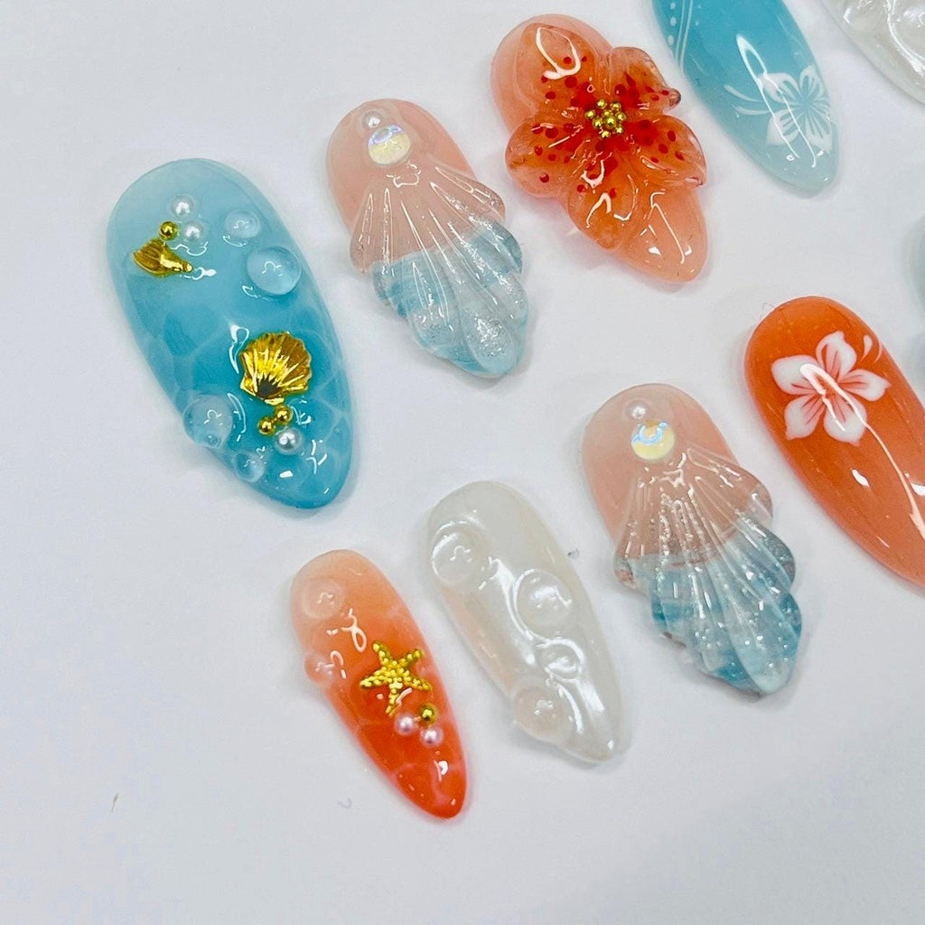 Press On Nails Ocean Bloom with Shell & Flower Art | Beachy 3D Fake Nails in Medium Almond | Handmade Summer Nail Art for Holiday, Vacation