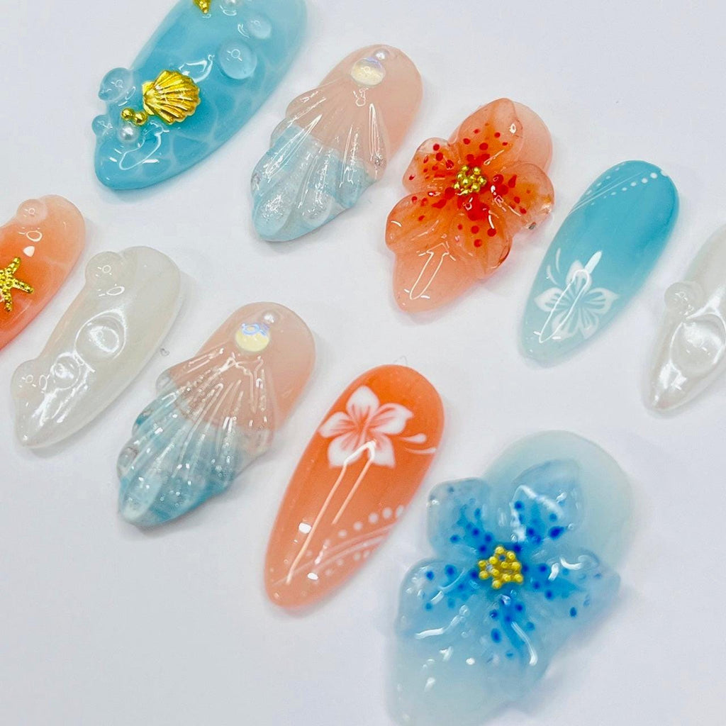 Press On Nails Ocean Bloom with Shell & Flower Art | Beachy 3D Fake Nails in Medium Almond | Handmade Summer Nail Art for Holiday, Vacation