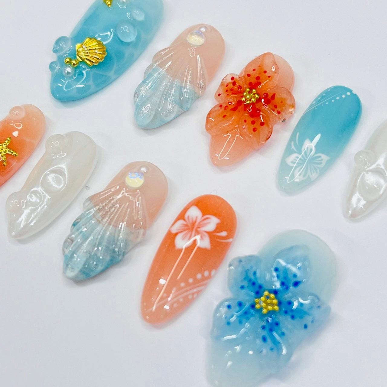 Press On Nails Ocean Bloom with Shell & Flower Art | Beachy 3D Fake Nails in Medium Almond | Handmade Summer Nail Art for Holiday, Vacation