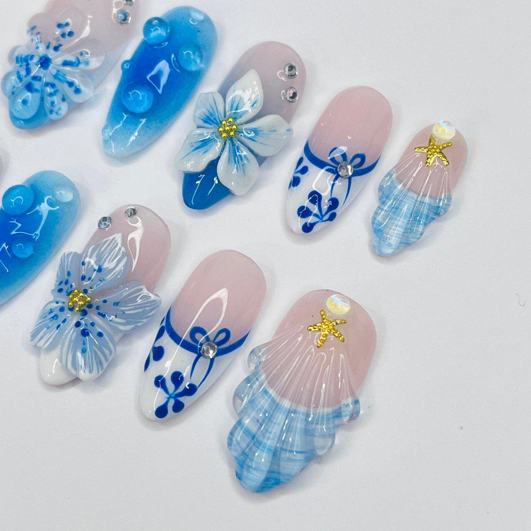 Press On Nails Blue Lagoon with Shell & Floral Art | Oceanic 3D Fake Nails in Medium Almond | Handmade Summer Nail Art for Holiday, Vacation