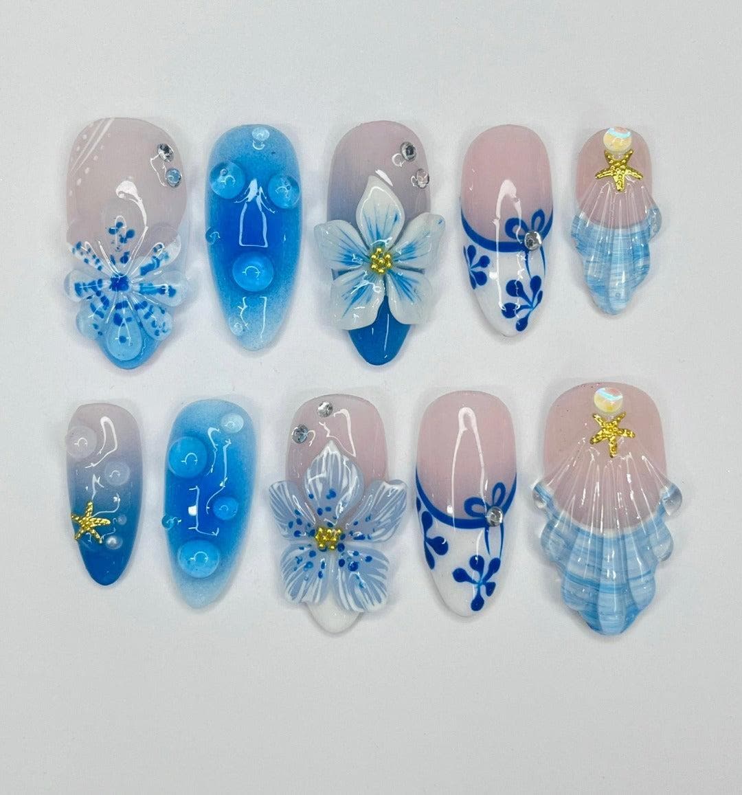 Press On Nails Blue Lagoon with Shell & Floral Art | Oceanic 3D Fake Nails in Medium Almond | Handmade Summer Nail Art for Holiday, Vacation