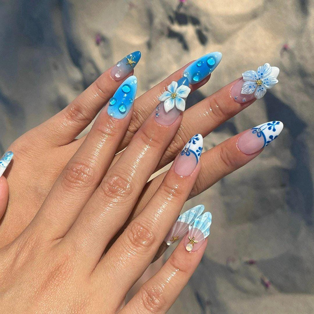 Press On Nails Blue Lagoon with Shell & Floral Art | Oceanic 3D Fake Nails in Medium Almond | Handmade Summer Nail Art for Holiday, Vacation