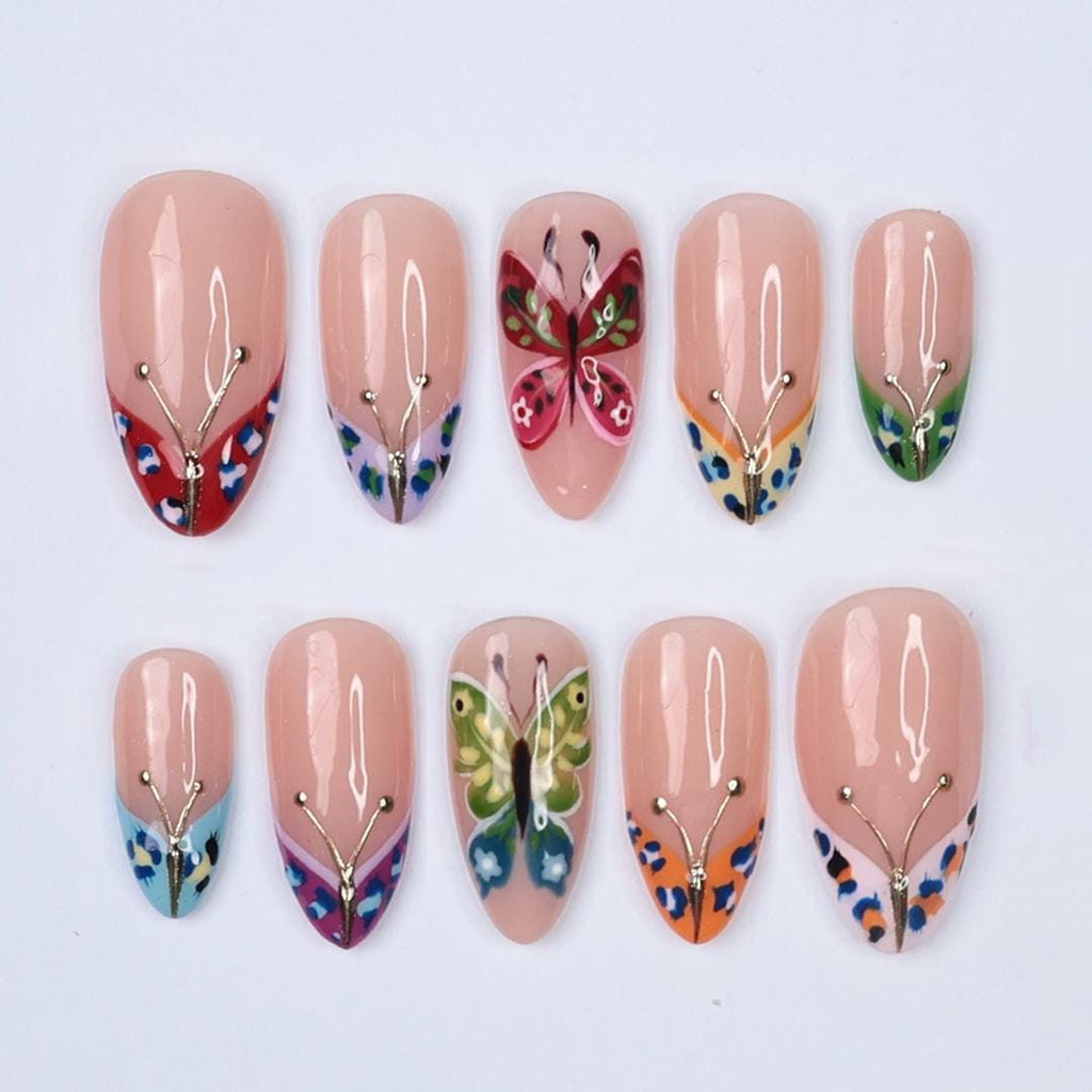 Butterfly Press On Nails, Medium Almond with Colorful Wings, Gold Accents & Nude Base, Perfect for Spring Manicure, Birthday or Gift for Her