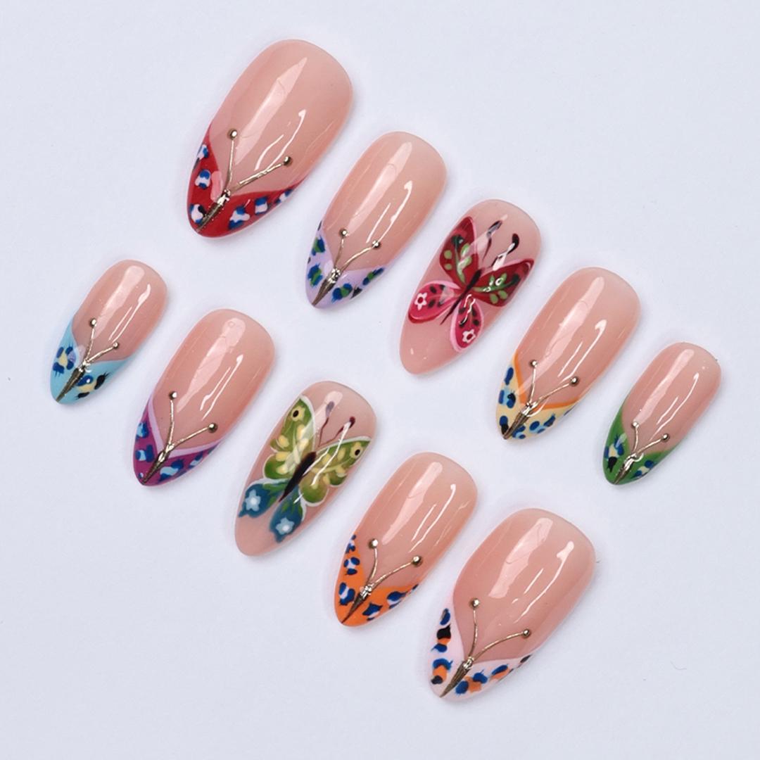 Butterfly Press On Nails, Medium Almond with Colorful Wings, Gold Accents & Nude Base, Perfect for Spring Manicure, Birthday or Gift for Her