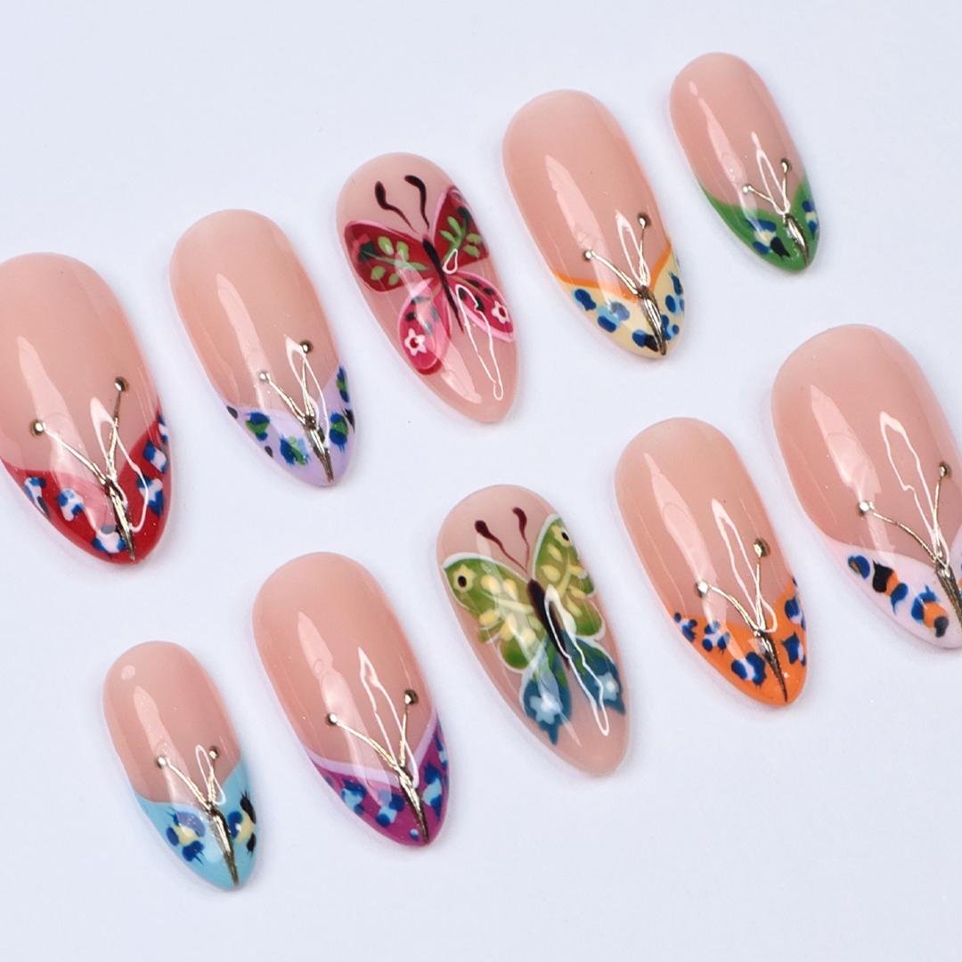 Butterfly Press On Nails, Medium Almond with Colorful Wings, Gold Accents & Nude Base, Perfect for Spring Manicure, Birthday or Gift for Her