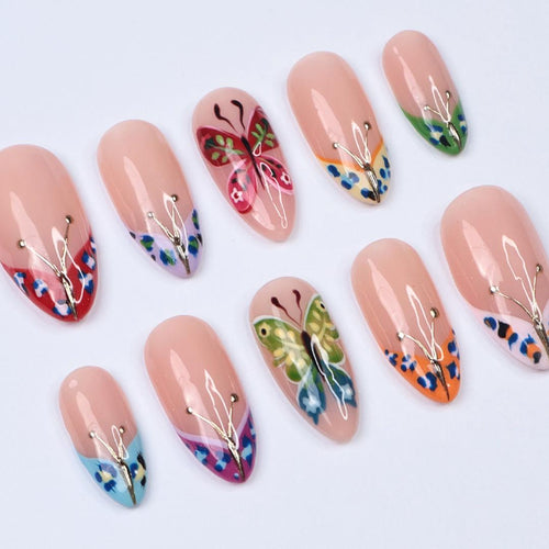 Butterfly Press On Nails, Medium Almond with Colorful Wings, Gold Accents & Nude Base, Perfect for Spring Manicure, Birthday or Gift for Her