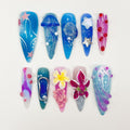 Press On Nails Jellyfish with Plumeria | 3D Floral Fake Nails in Long Almond | Handmade Summer Starfish Nail Art for Holiday, Vacation, Gift