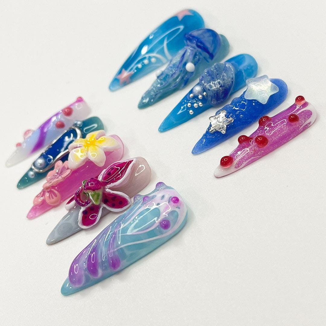 Press On Nails Jellyfish with Plumeria | 3D Floral Fake Nails in Long Almond | Handmade Summer Starfish Nail Art for Holiday, Vacation, Gift