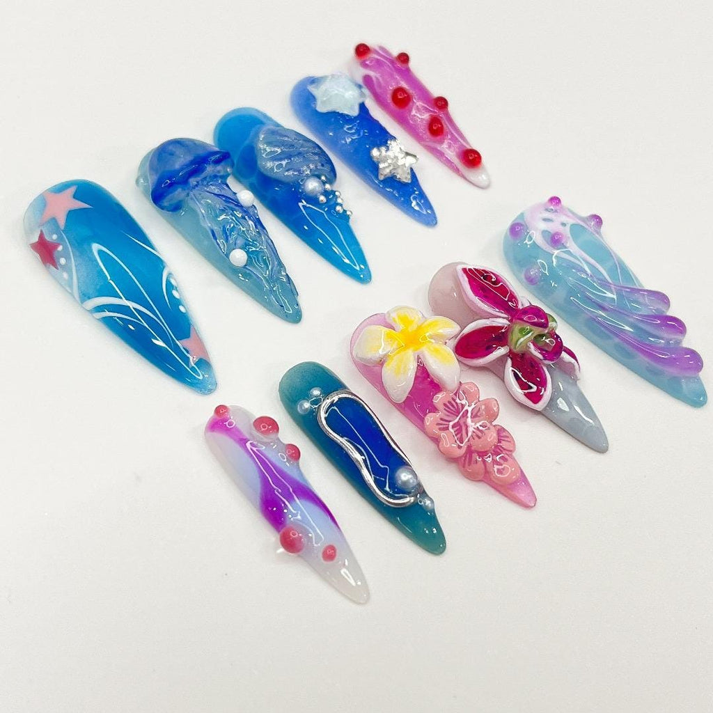 Press On Nails Jellyfish with Plumeria | 3D Floral Fake Nails in Long Almond | Handmade Summer Starfish Nail Art for Holiday, Vacation, Gift