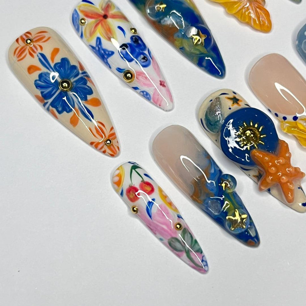 Press On Nails Tropical Bloom with Starfish | 3D Floral Fake Nails in Long Almond | Handmade Summer Nail Art for Holiday, Vacation, Birthday
