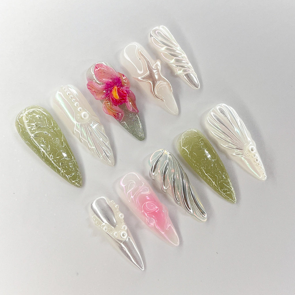 Press On Nails Pearl Orchid with Starfish | 3D Floral Fake Nails in Long Almond | Handmade Elegant Nail Art for Holiday, Vacation, Birthday