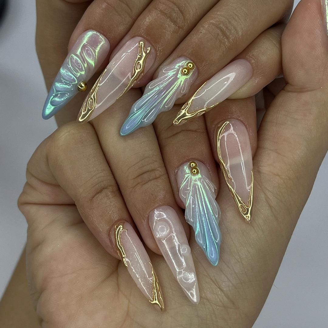 Press On Nails Mermaid Dreams with Gold & Iridescent | 3D Fake Nails in Long Almond | Handmade Nail Art for Holiday, Vacation, Birthday