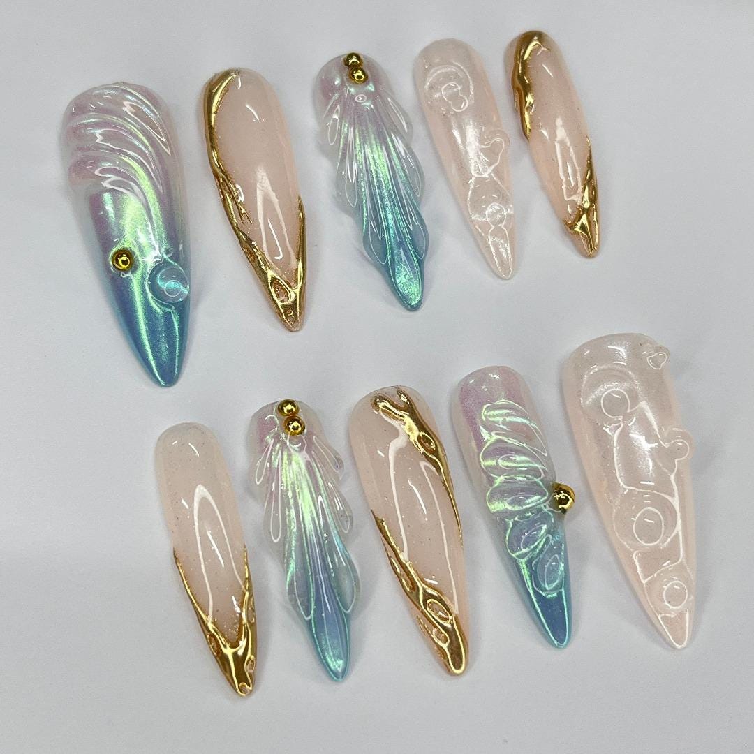 Press On Nails Mermaid Dreams with Gold & Iridescent | 3D Fake Nails in Long Almond | Handmade Nail Art for Holiday, Vacation, Birthday