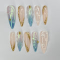 Press On Nails Mermaid Dreams with Gold & Iridescent | 3D Fake Nails in Long Almond | Handmade Nail Art for Holiday, Vacation, Birthday