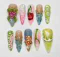 Summer Press On Nail with Lime Cherry |Starfish & Mermaid Fake Nail in Long Almond | 3D Floral Nail Art for Beach Holiday Vacation