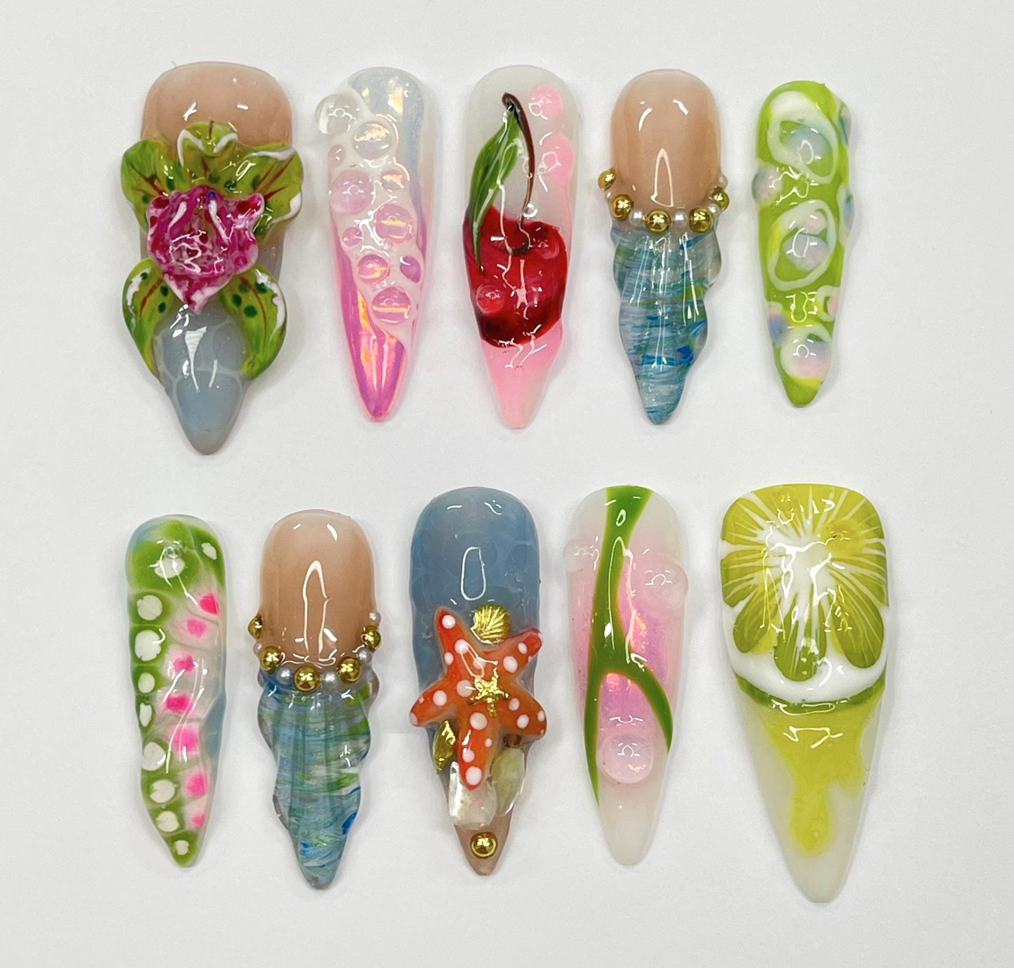 Summer Press On Nail with Lime Cherry |Starfish & Mermaid Fake Nail in Long Almond | 3D Floral Nail Art for Beach Holiday Vacation