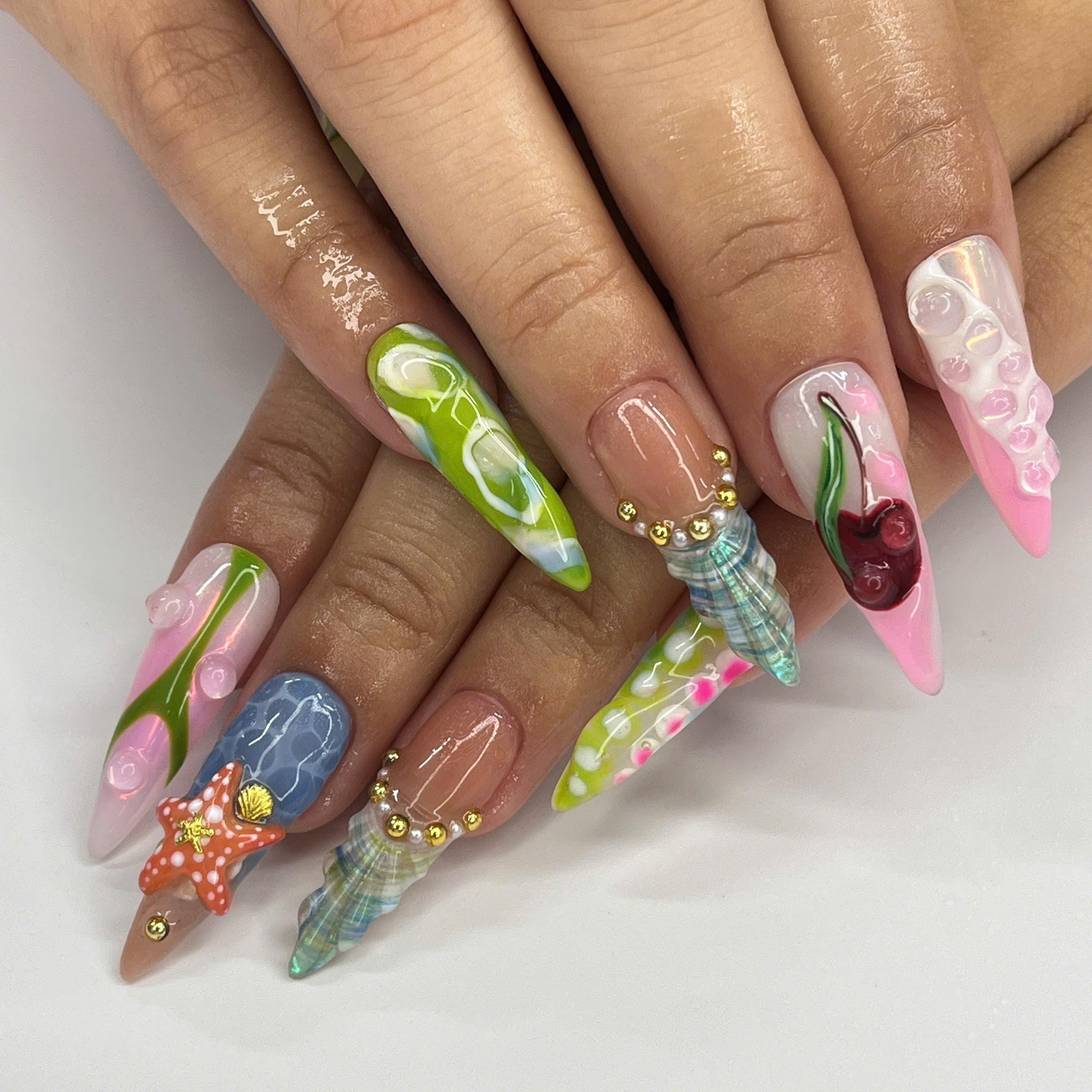 Summer Press On Nail with Lime Cherry |Starfish & Mermaid Fake Nail in Long Almond | 3D Floral Nail Art for Beach Holiday Vacation