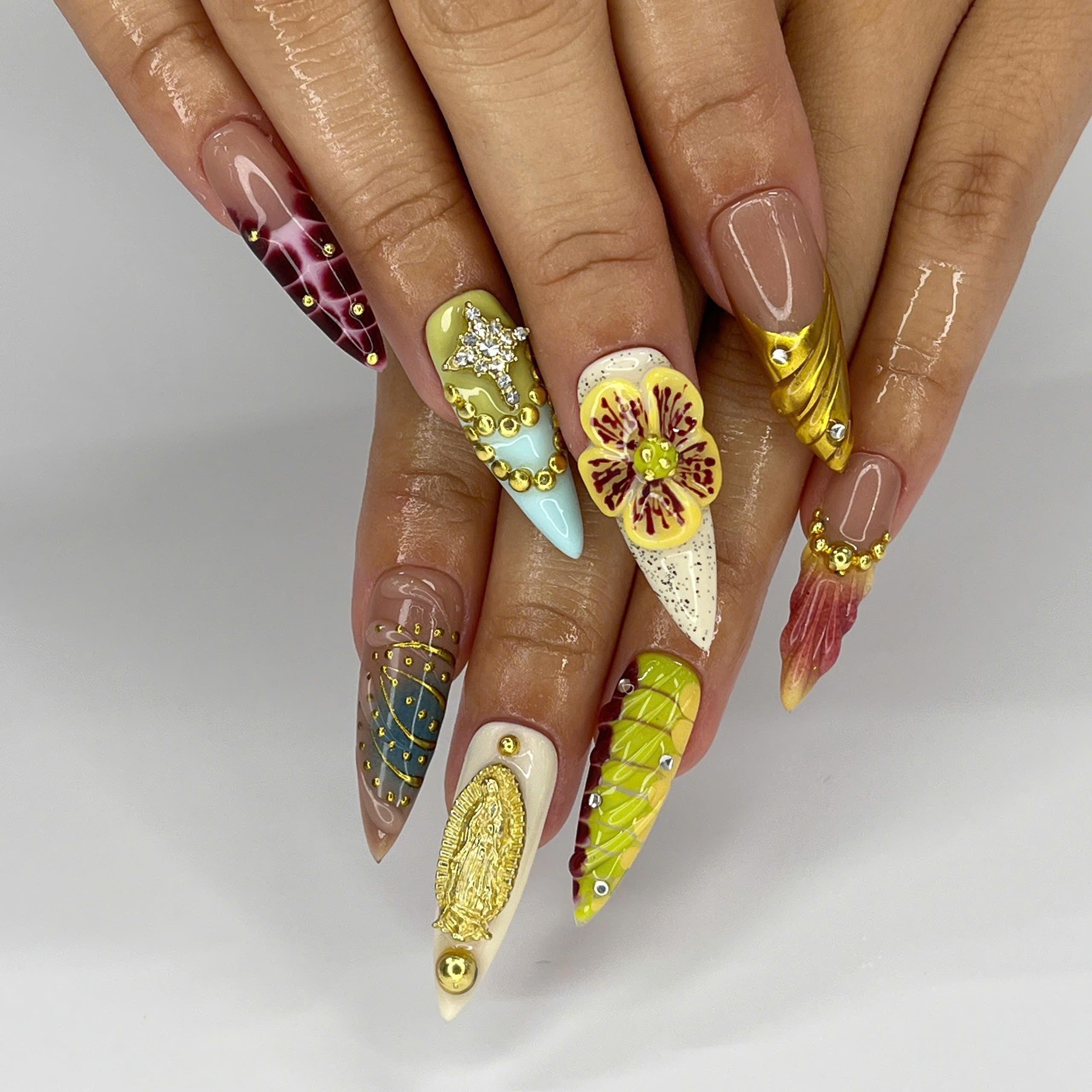 Press On Nails Golden Orchid with Floral | 3D Fake Nails in Long Stiletto | Handmade Elegant Cow Nail Art for Holiday, Vacation, Birthday