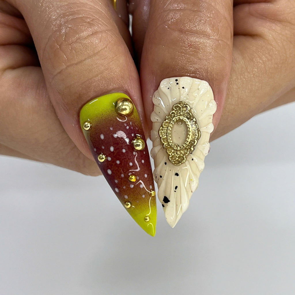 Press On Nails Golden Orchid with Floral | 3D Fake Nails in Long Stiletto | Handmade Elegant Cow Nail Art for Holiday, Vacation, Birthday