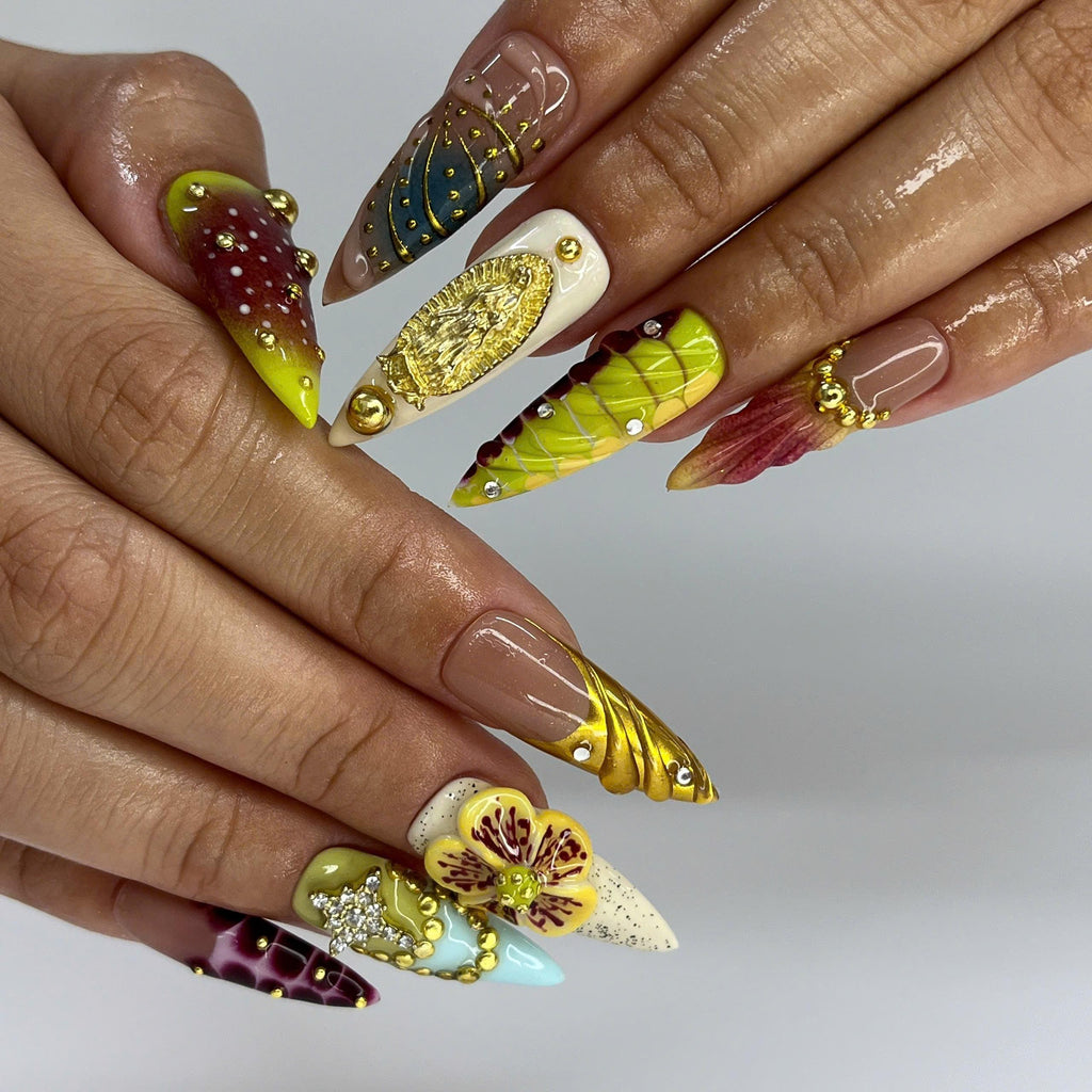 Press On Nails Golden Orchid with Floral | 3D Fake Nails in Long Stiletto | Handmade Elegant Cow Nail Art for Holiday, Vacation, Birthday