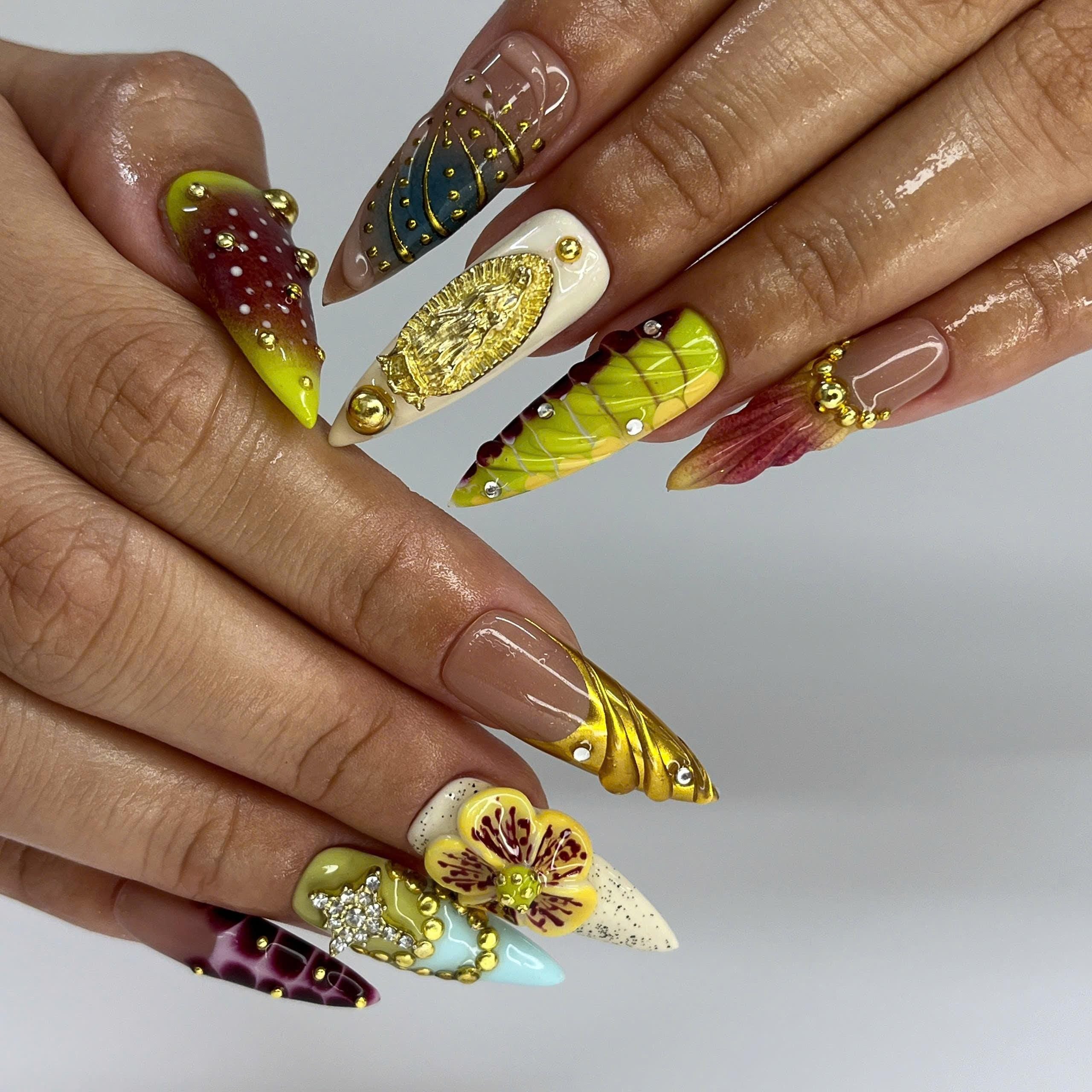Press On Nails Golden Orchid with Floral | 3D Fake Nails in Long Stiletto | Handmade Elegant Cow Nail Art for Holiday, Vacation, Birthday