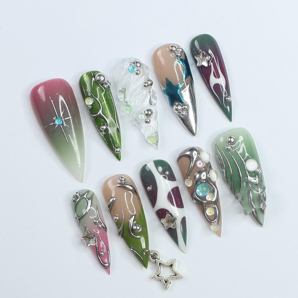 Press On Nails Night Star with Crystal Art | 3D Fake Nails in Long Stiletto | Handmade Elegant Metallic Nail Art for Holiday, Vacation, Gift