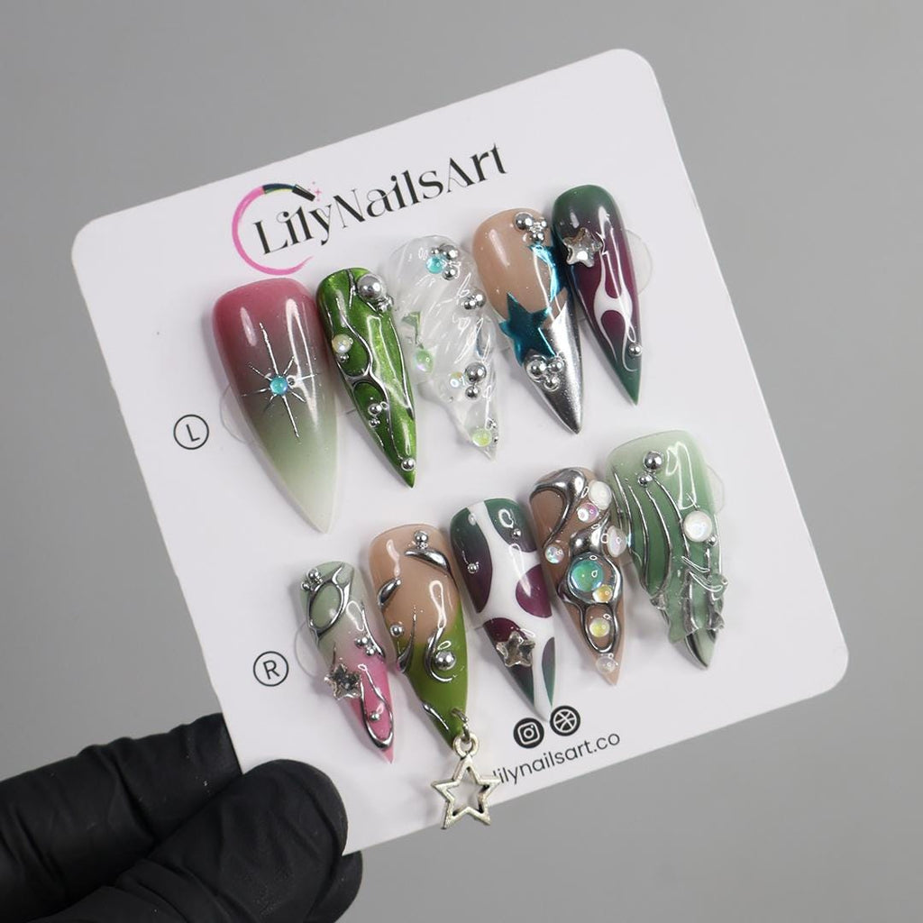 Press On Nails Night Star with Crystal Art | 3D Fake Nails in Long Stiletto | Handmade Elegant Metallic Nail Art for Holiday, Vacation, Gift