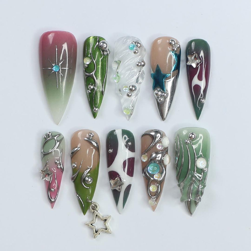 Press On Nails Night Star with Crystal Art | 3D Fake Nails in Long Stiletto | Handmade Elegant Metallic Nail Art for Holiday, Vacation, Gift