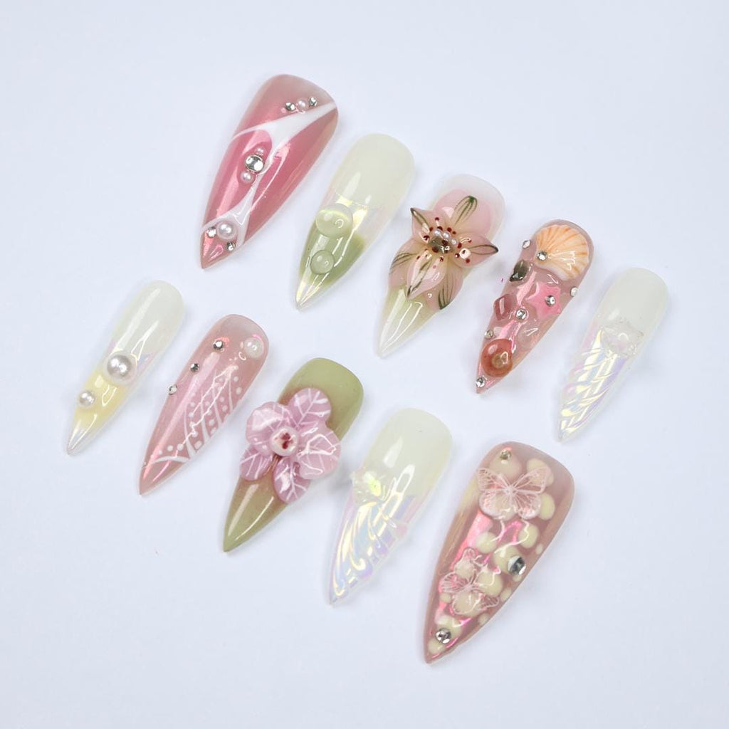 Press On Nail Floral Dream with Butterfly & Shell Art | 3D Fake Nail in Long Stiletto | Handmade Summer Nail Art for Holiday, Vacation, Gift