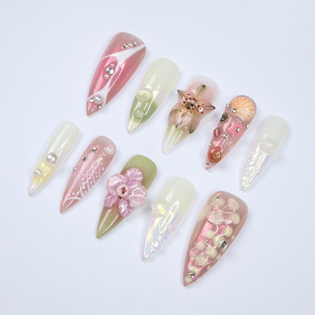 Press On Nail Floral Dream with Butterfly & Shell Art | 3D Fake Nail in Long Stiletto | Handmade Summer Nail Art for Holiday, Vacation, Gift