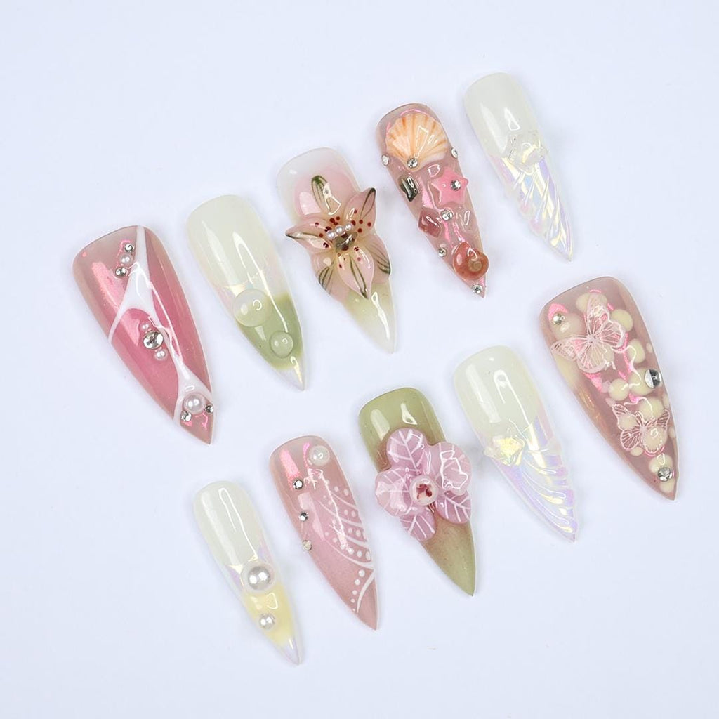 Press On Nail Floral Dream with Butterfly & Shell Art | 3D Fake Nail in Long Stiletto | Handmade Summer Nail Art for Holiday, Vacation, Gift