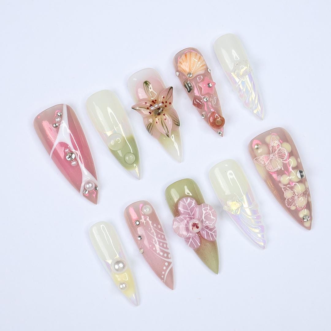 Press On Nail Floral Dream with Butterfly & Shell Art | 3D Fake Nail in Long Stiletto | Handmade Summer Nail Art for Holiday, Vacation, Gift