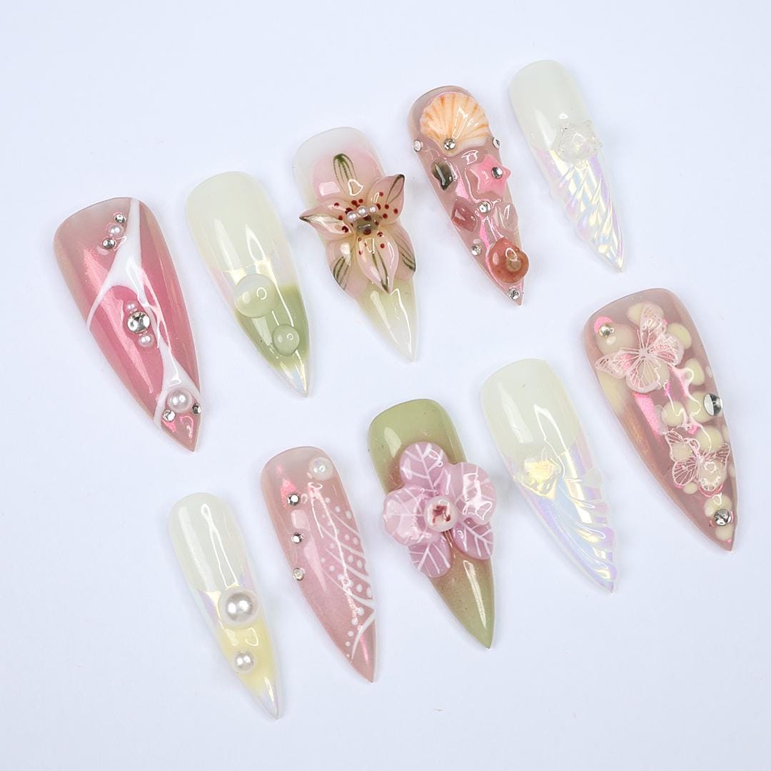 Press On Nail Floral Dream with Butterfly & Shell Art | 3D Fake Nail in Long Stiletto | Handmade Summer Nail Art for Holiday, Vacation, Gift