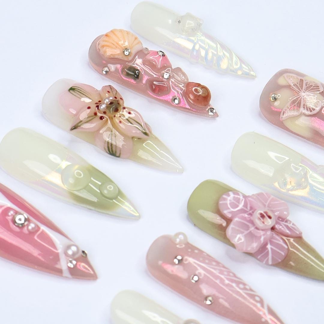 Press On Nail Floral Dream with Butterfly & Shell Art | 3D Fake Nail in Long Stiletto | Handmade Summer Nail Art for Holiday, Vacation, Gift