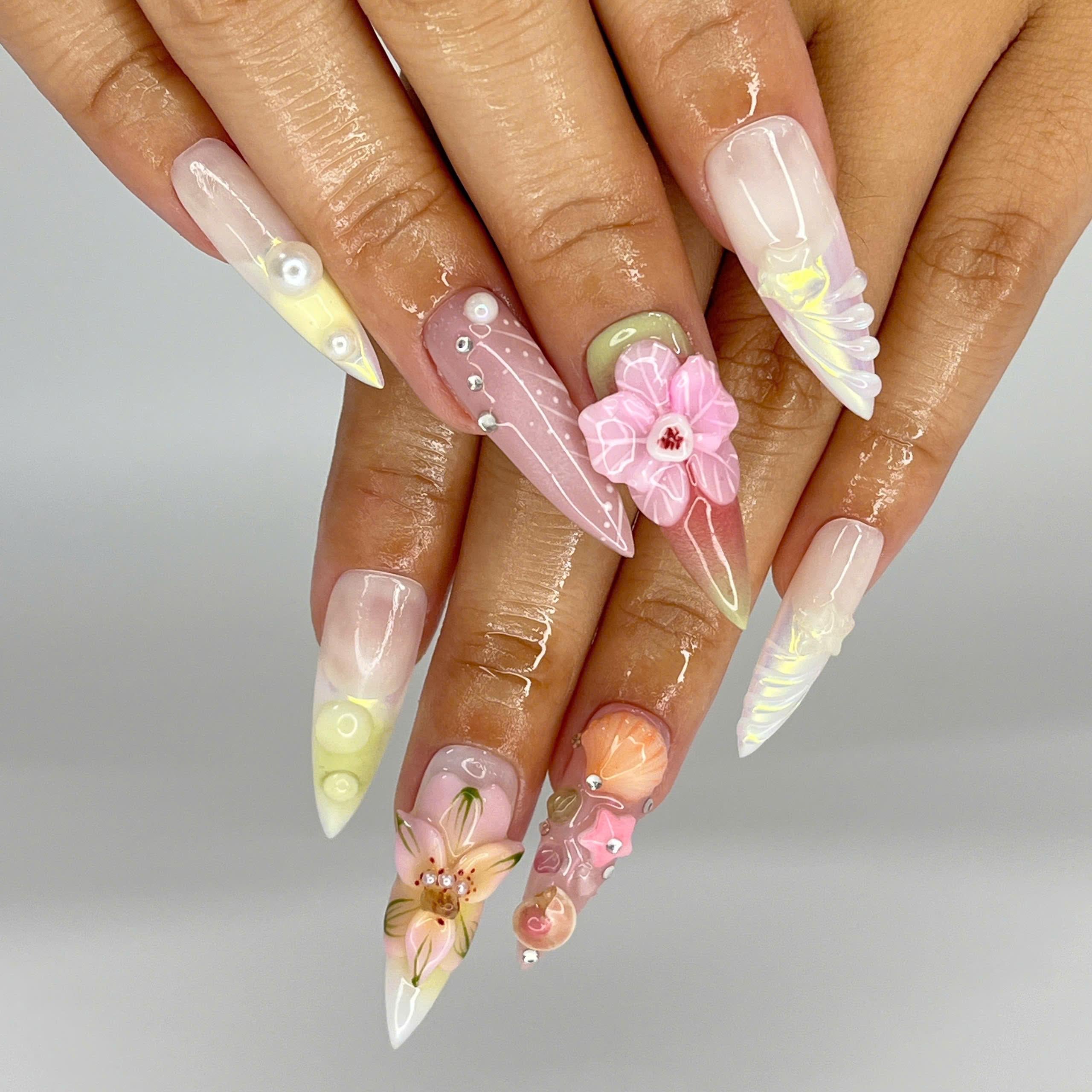 Press On Nail Floral Dream with Butterfly & Shell Art | 3D Fake Nail in Long Stiletto | Handmade Summer Nail Art for Holiday, Vacation, Gift