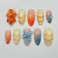 Press On Nail Tropical Sunset with Shell & Floral Art | 3D Fake Nail in Medium Almond | Handmade Summer Nail Art for Holiday, Vacation, Gift