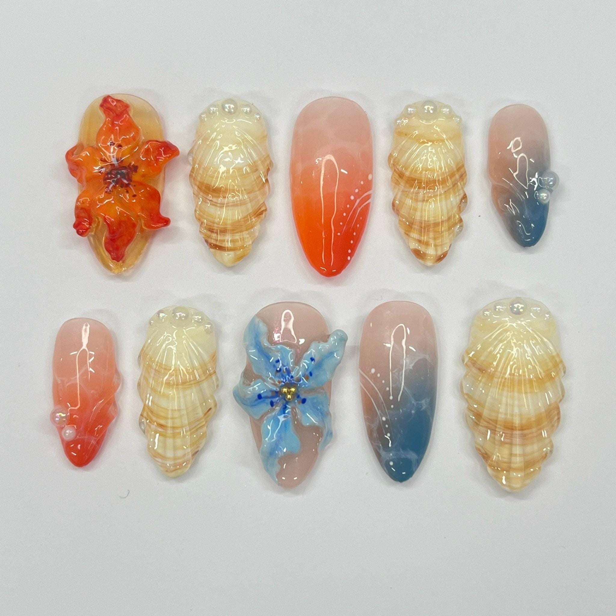 Press On Nail Tropical Sunset with Shell & Floral Art | 3D Fake Nail in Medium Almond | Handmade Summer Nail Art for Holiday, Vacation, Gift